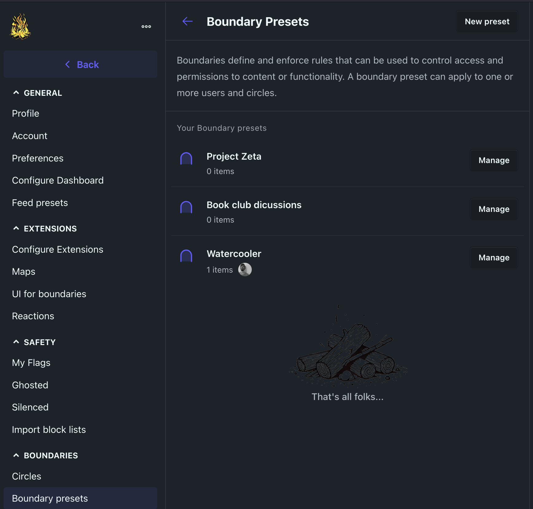 Settings boundary presets